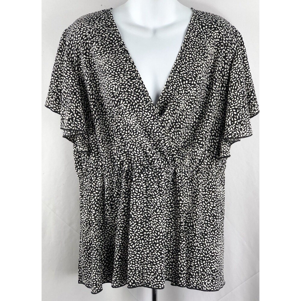 Vintage surplice Chiffon Top XL Blk/Wht Flutter peplum plunge V-neck Fairy boho